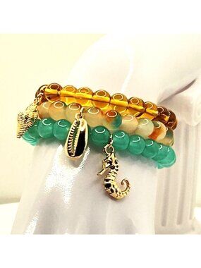 Seahorse Coastal Bracelet Stack, Beachy Beaded Bracelets, Ocean Charm Jewelry